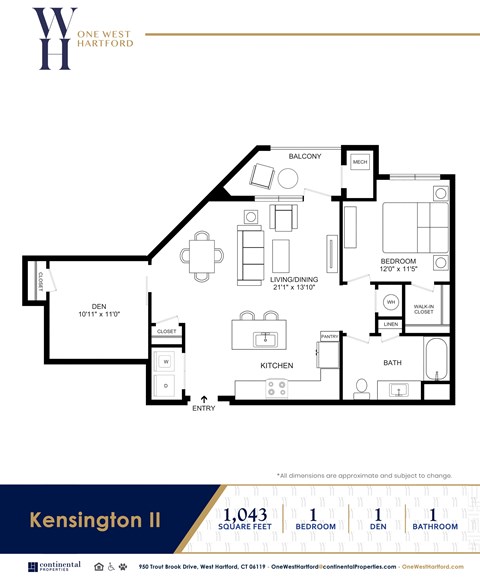 Floor plan for 1 bed, 1 bath, 1043 sqft